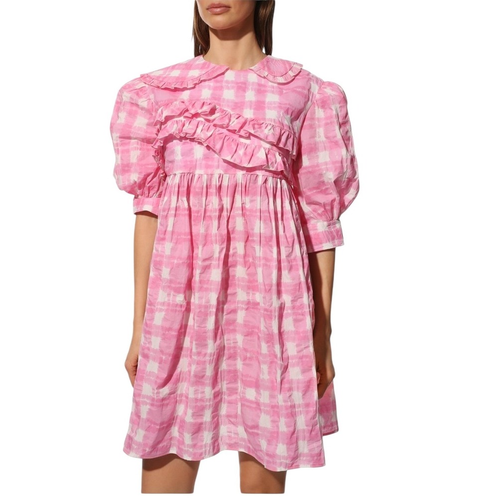 Vivetta tiedye check ruffled Pink White‎ mini dress Collar Puff Sleeve plaid 38